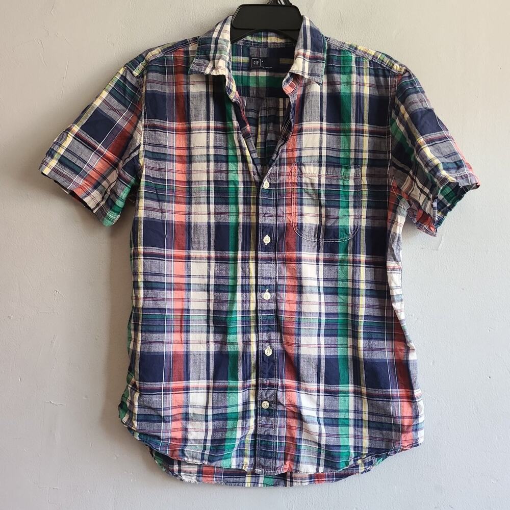 Men's medium Gap soft cotton plaid shirt short sleeve blue green button up 1 pkt
